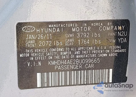 2011 Hyundai Elantra Gls (Ulsan Plant) from USA, damaged, VIN KMHDH4AE2BU099665